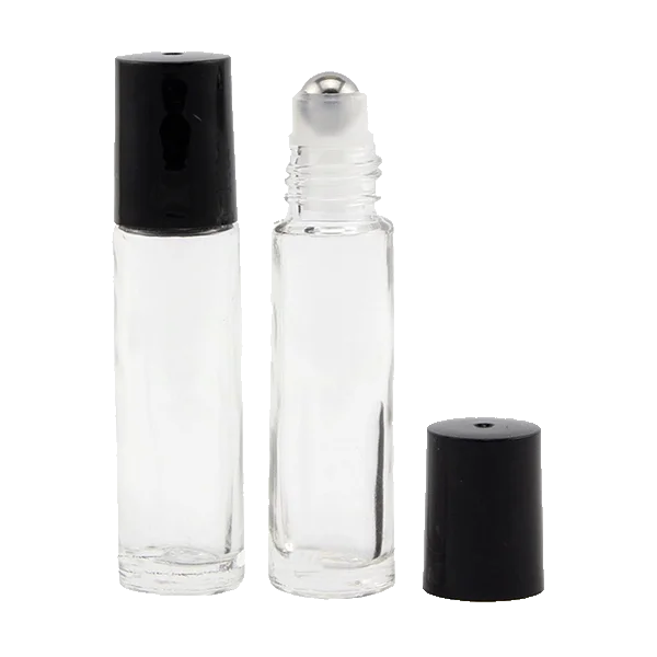 10ml clear thick glass rollers with lid on and off